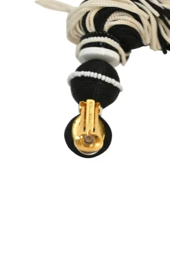 Black and white beaded silk short tassel drop clip earrings