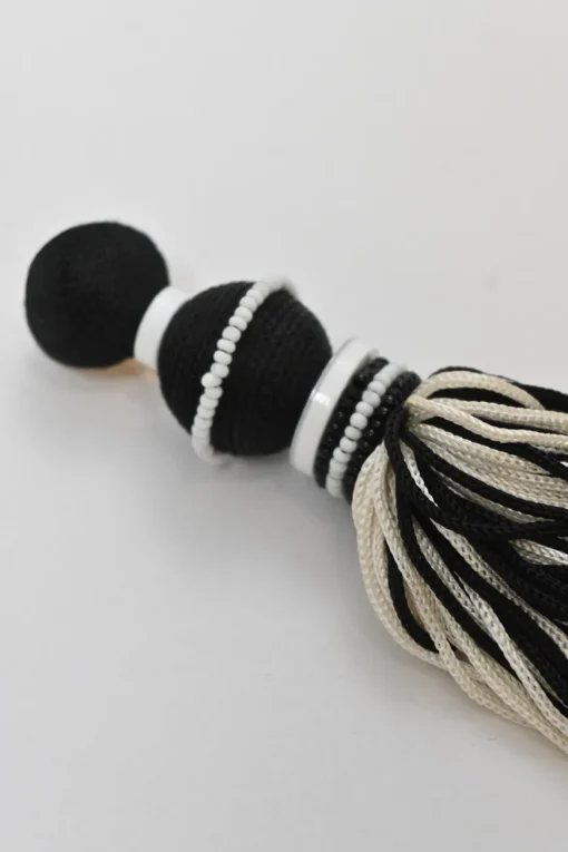 Black and white beaded silk short tassel drop clip earrings