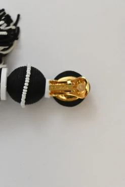 Black and white beaded silk short tassel drop clip earrings