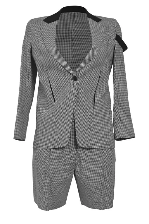 Black and white cotton Connection houndstooth check single breasted notch lapel jacket and pull-on tailored bermuda short suit set