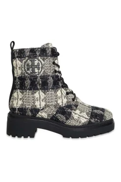 Black and white cotton-blend metallic check bouclé tweed lug sole lace-up platform boots