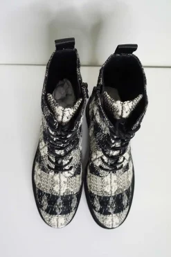 Black and white cotton-blend metallic check bouclé tweed lug sole lace-up platform boots