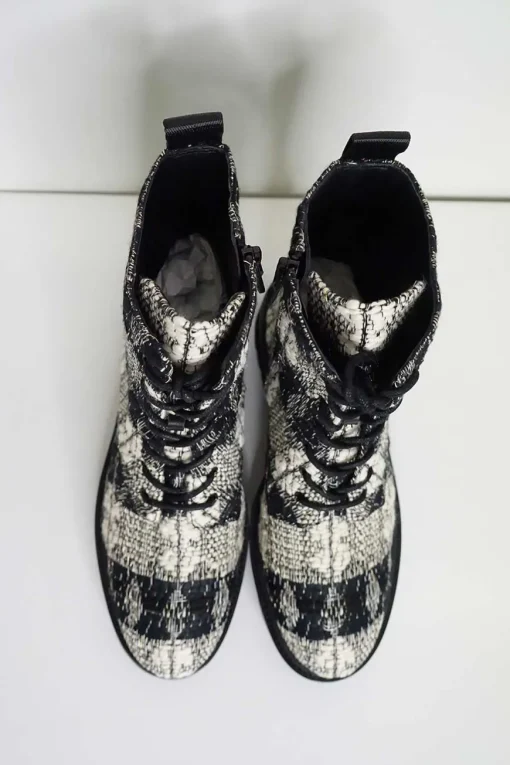Black and white cotton-blend metallic check bouclé tweed lug sole lace-up platform boots