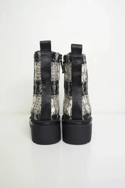 Black and white cotton-blend metallic check bouclé tweed lug sole lace-up platform boots
