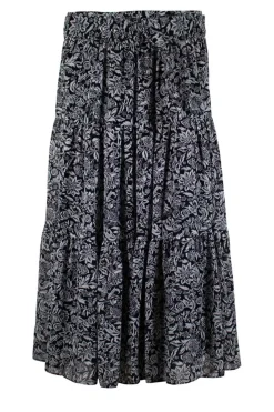 Black and white flower patterned flowy midi skirt with adjustable matching belt