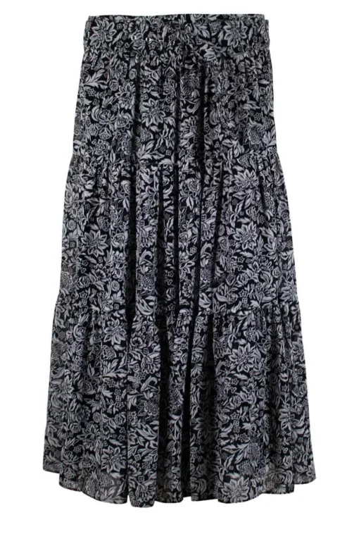 Black and white flower patterned flowy midi skirt with adjustable matching belt