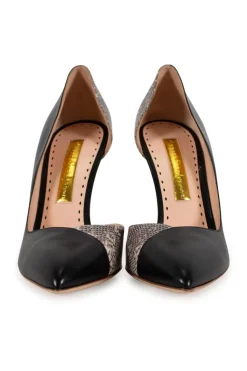 Black and white leather pointy toe high heels