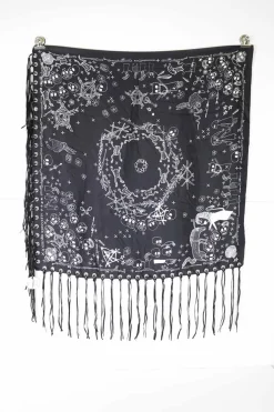 Black and white print scarf with metal eyelets and black leather fringes