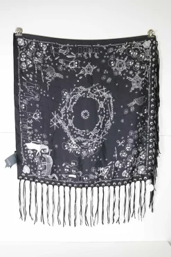 Black and white print scarf with metal eyelets and black leather fringes