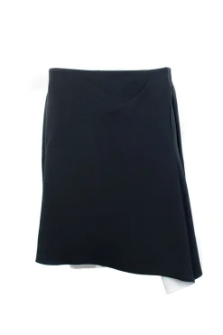 Black and white silk and wool asymmetrical midi skirt with pleats