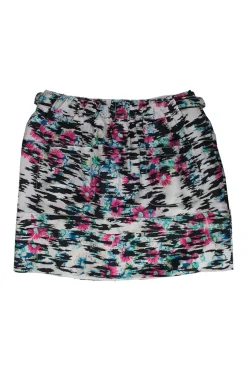 Black and white silk skirt with printed multicolored floral motif