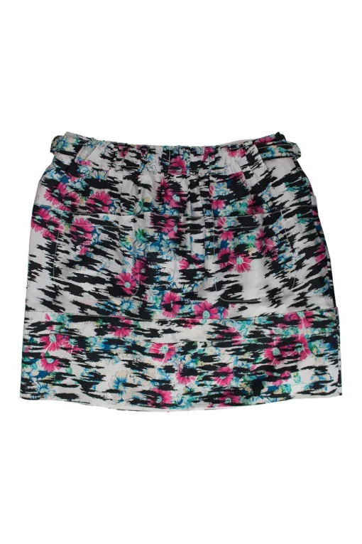 Black and white silk skirt with printed multicolored floral motif