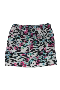 Black and white silk skirt with printed multicolored floral motif