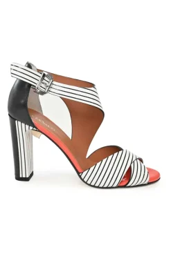 Black and white striped leather sandal pumps