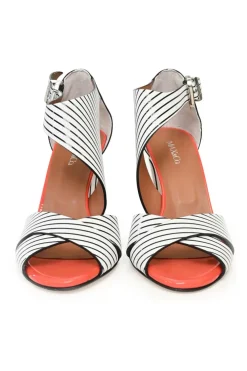 Black and white striped leather sandal pumps
