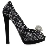 Black and white tweed peep toe heels with gun metal studs, crystal embellished signature skull