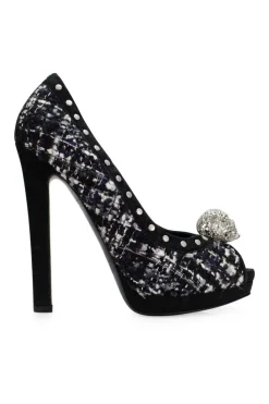 Black and white tweed peep toe heels with gun metal studs, crystal embellished signature skull