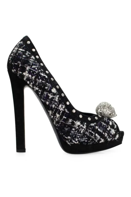 Black and white tweed peep toe heels with gun metal studs, crystal embellished signature skull