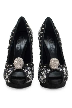 Black and white tweed peep toe heels with gun metal studs, crystal embellished signature skull