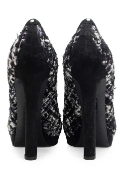 Black and white tweed peep toe heels with gun metal studs, crystal embellished signature skull