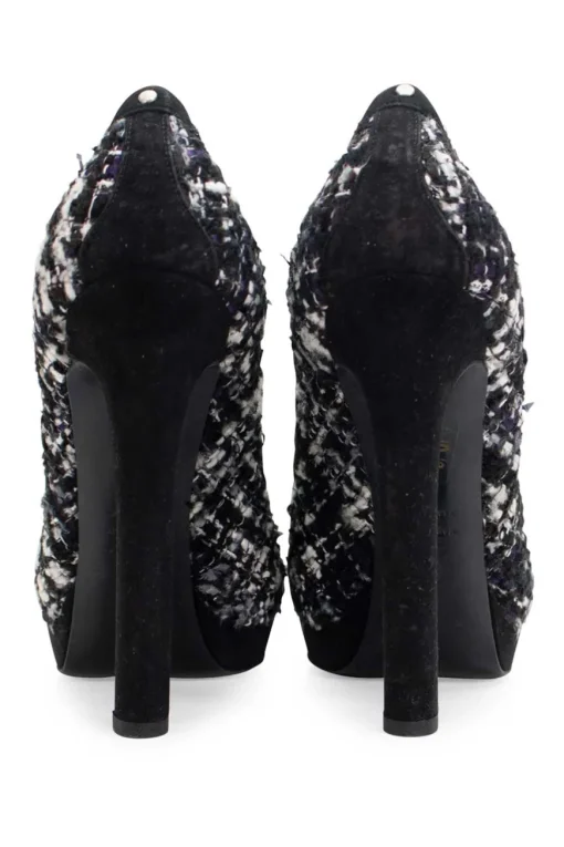Black and white tweed peep toe heels with gun metal studs, crystal embellished signature skull