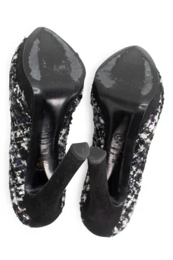 Black and white tweed peep toe heels with gun metal studs, crystal embellished signature skull
