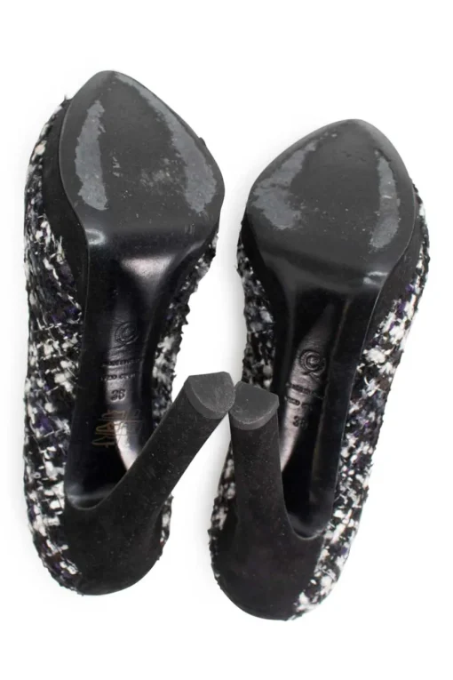Black and white tweed peep toe heels with gun metal studs, crystal embellished signature skull
