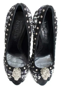 Black and white tweed peep toe heels with gun metal studs, crystal embellished signature skull