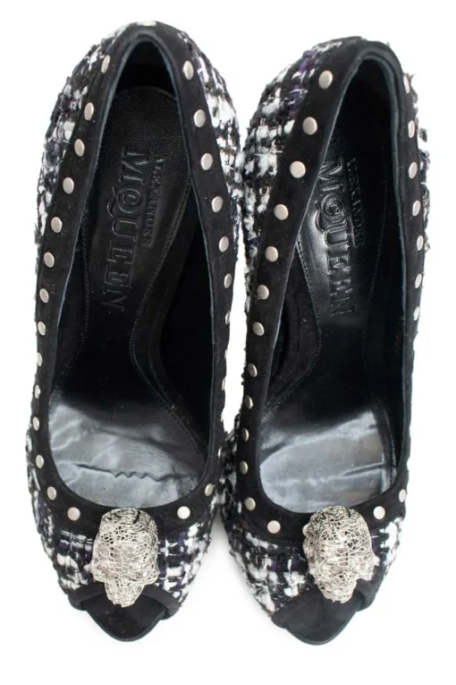 Black and white tweed peep toe heels with gun metal studs, crystal embellished signature skull
