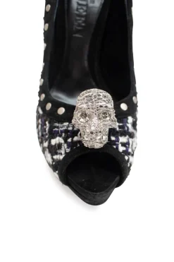 Black and white tweed peep toe heels with gun metal studs, crystal embellished signature skull