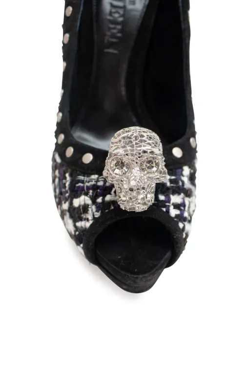 Black and white tweed peep toe heels with gun metal studs, crystal embellished signature skull
