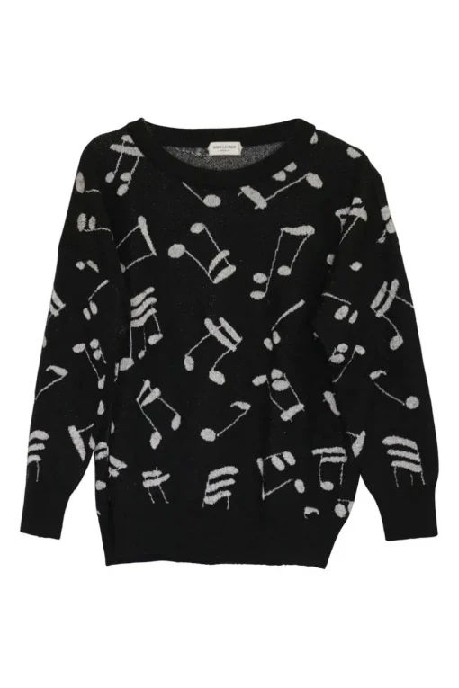 Black and white viscose-blend musical note jacquard crewneck pullover sweater