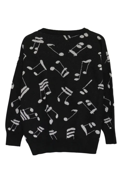 Black and white viscose-blend musical note jacquard crewneck pullover sweater