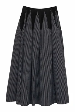 Black and white wool-blend double-face interlock knit pull-on midi circle skirt featuring striped motif