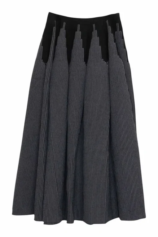 Black and white wool-blend double-face interlock knit pull-on midi circle skirt featuring striped motif