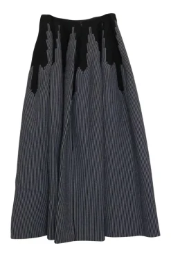 Black and white wool-blend double-face interlock knit pull-on midi circle skirt featuring striped motif