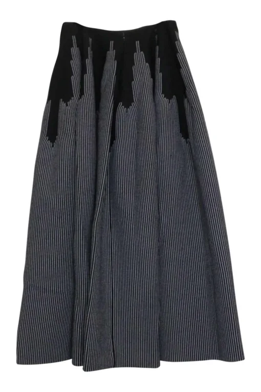 Black and white wool-blend double-face interlock knit pull-on midi circle skirt featuring striped motif