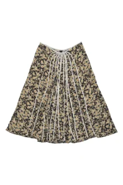 Black and yellow silk daisy print pleated midi A-line skirt with contrast binding details