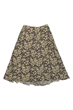 Black and yellow silk daisy print pleated midi A-line skirt with contrast binding details