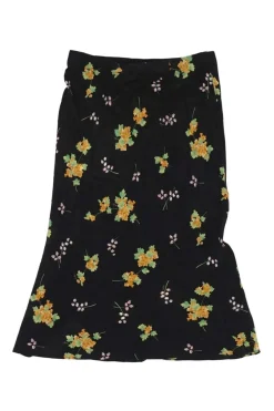 Black and yellow silk floral bouquet print Naomi pull-on midi slip skirt