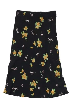 Black and yellow silk floral bouquet print Naomi pull-on midi slip skirt