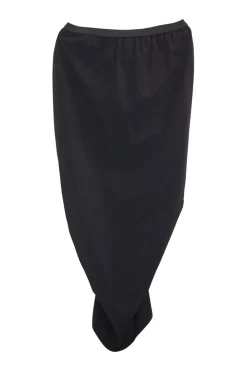 Black bias-cut gored pull-on ruched-front pencil skirt with elasticated waistband