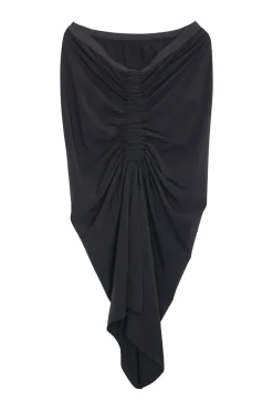 Black bias-cut gored pull-on ruched-front pencil skirt with elasticated waistband
