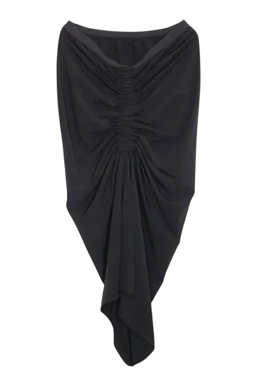 Black bias-cut gored pull-on ruched-front pencil skirt with elasticated waistband