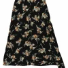 Black bias-cut silk floral print asymmetric A-line midi skirt with adjustable toggle ruched seam