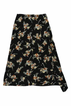 Black bias-cut silk floral print asymmetric A-line midi skirt with adjustable toggle ruched seam