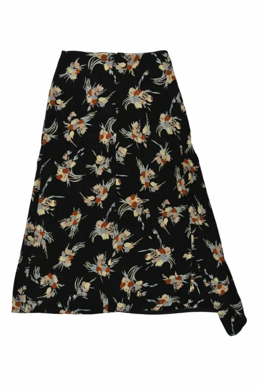 Black bias-cut silk floral print asymmetric A-line midi skirt with adjustable toggle ruched seam