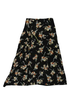 Black bias-cut silk floral print asymmetric A-line midi skirt with adjustable toggle ruched seam