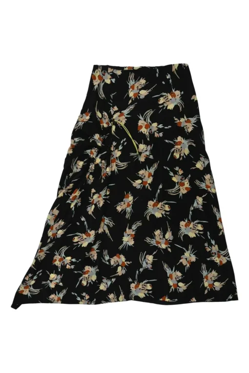 Black bias-cut silk floral print asymmetric A-line midi skirt with adjustable toggle ruched seam
