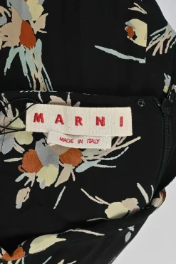 Black bias-cut silk floral print asymmetric A-line midi skirt with adjustable toggle ruched seam